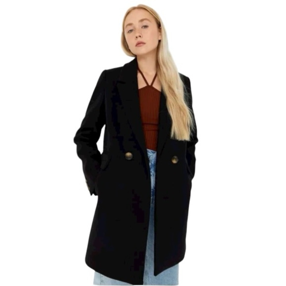 STRADIVARIUS Women’s SMALL Mid Length Button Wool Blend Over Coat Black